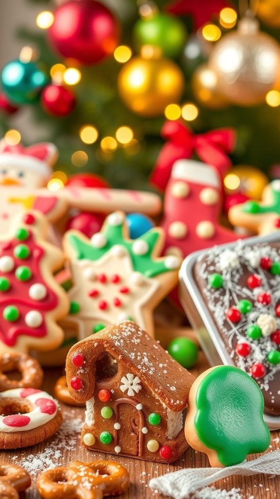 Festive Christmas Desserts for Kids Colorful Christmas desserts including decorated cookies, chocolate pretzels, and a mini gingerbread house on a festive table.